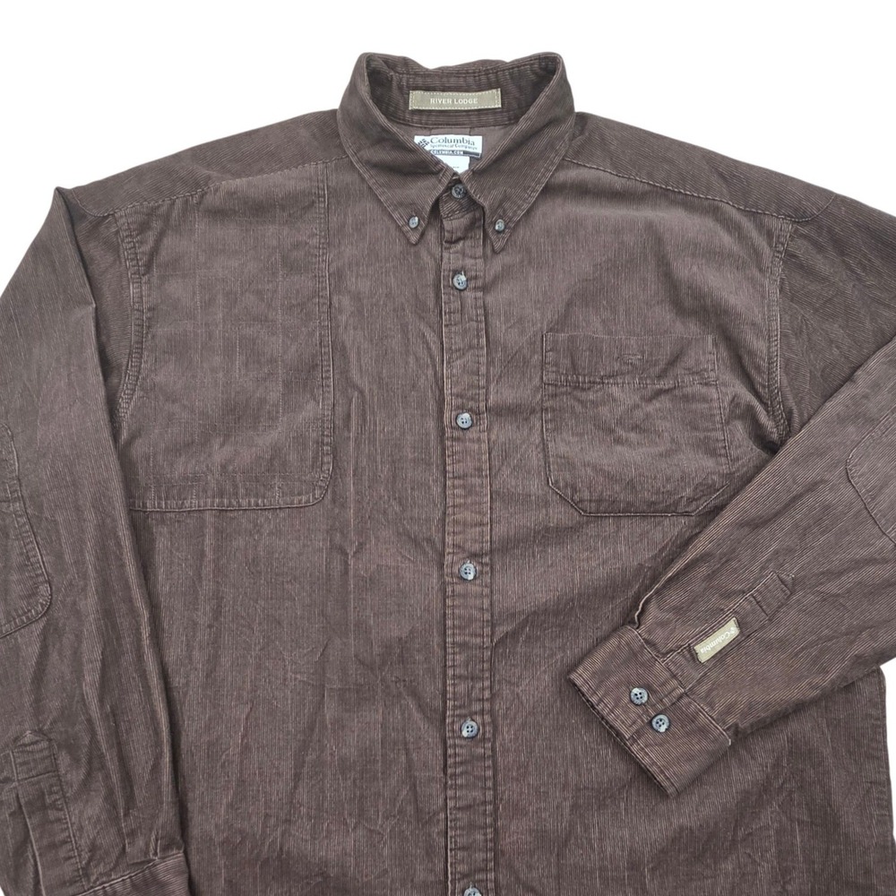 Columbia River Lodge Corduroy Button Up Shirt Brown Mens Large Y2K Patch